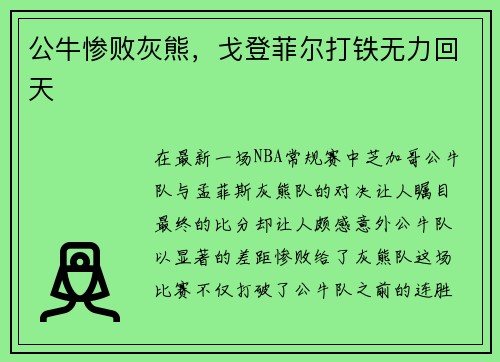 公牛惨败灰熊，戈登菲尔打铁无力回天
