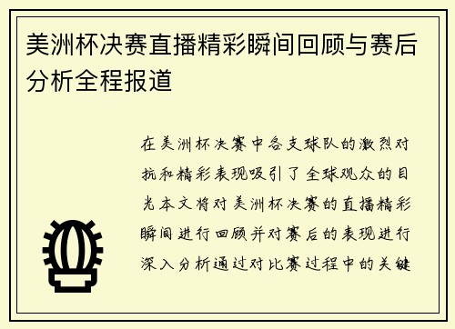 美洲杯决赛直播精彩瞬间回顾与赛后分析全程报道